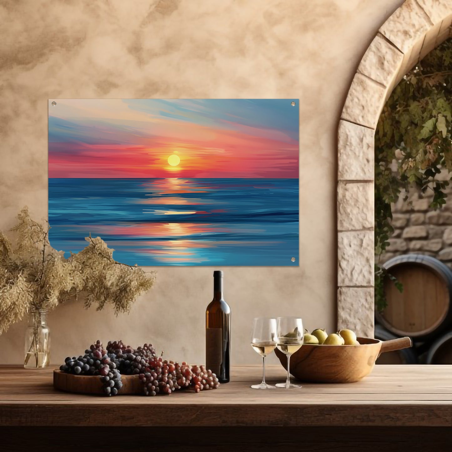 Minimalistische schildering van kleurrijke zonsondergang tuinposter