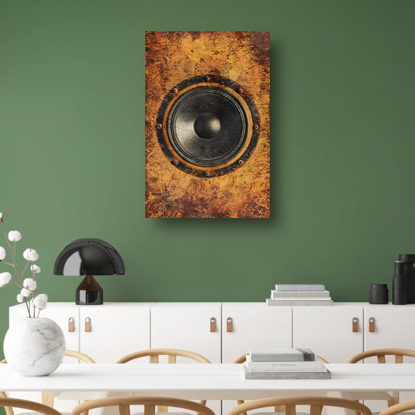 Abstract speaker op verweerde houten achtergrond canvas met baklijst