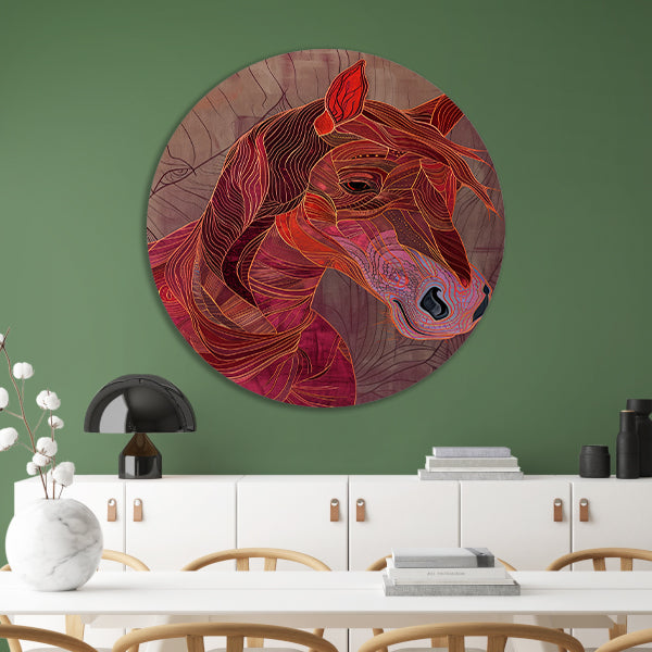 Abstracte kleurrijke lijntekening van een paard aluminium muurcirkel