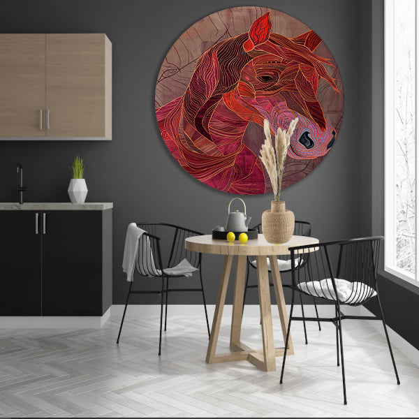 Abstracte kleurrijke lijntekening van een paard aluminium muurcirkel
