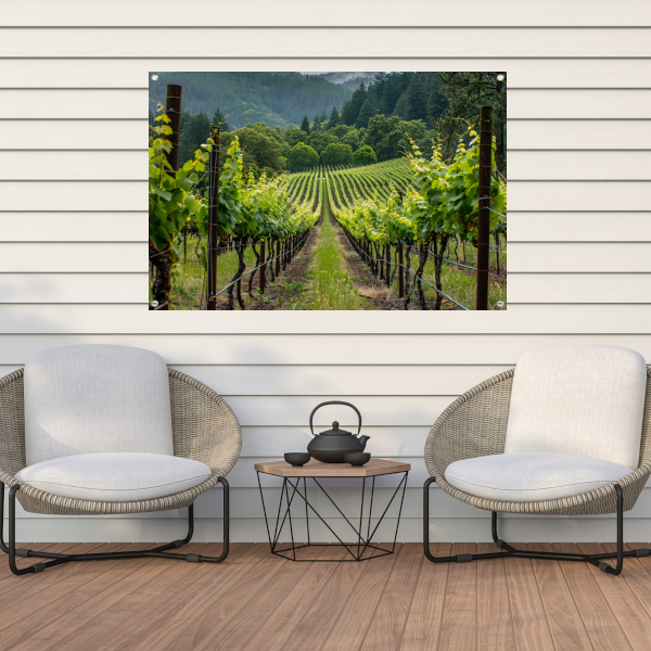 Wijngaard in de vallei met ochtendmist tuinposter