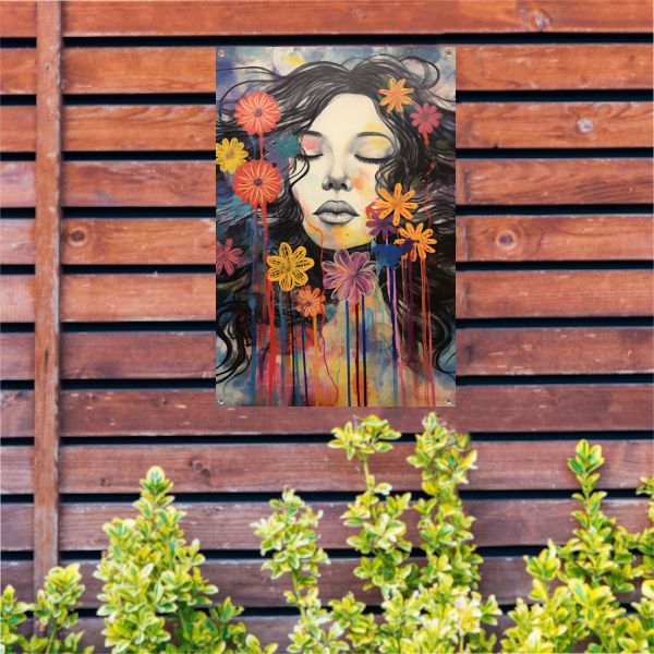 Slapende vrouw en kleurrijke bloemeneplosie tuinposter