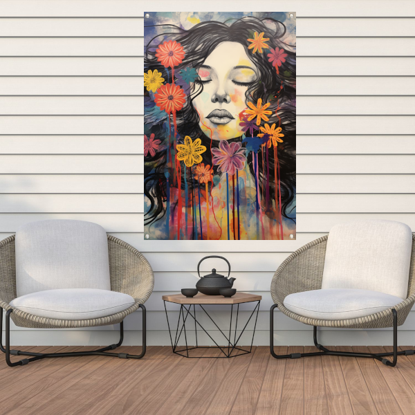 Slapende vrouw en kleurrijke bloemeneplosie tuinposter