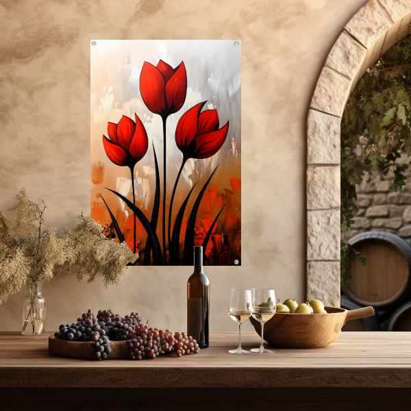 Abstract schilderij van rode tulpen tuinposter