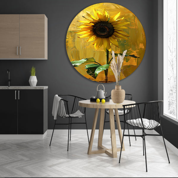 Prachtige zonnebloem tegen gele achtergrond aluminium muurcirkel