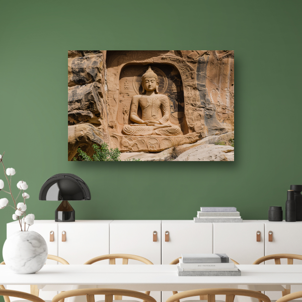 Meditatief Boeddha Sculptuur in Rotswand canvas