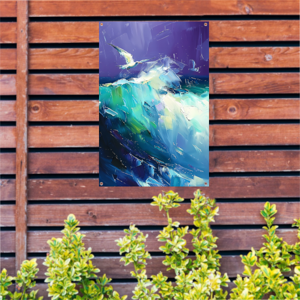 Abstracte vogel met kleurrijke golven tuinposter