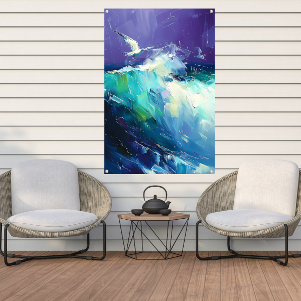 Abstracte vogel met kleurrijke golven tuinposter