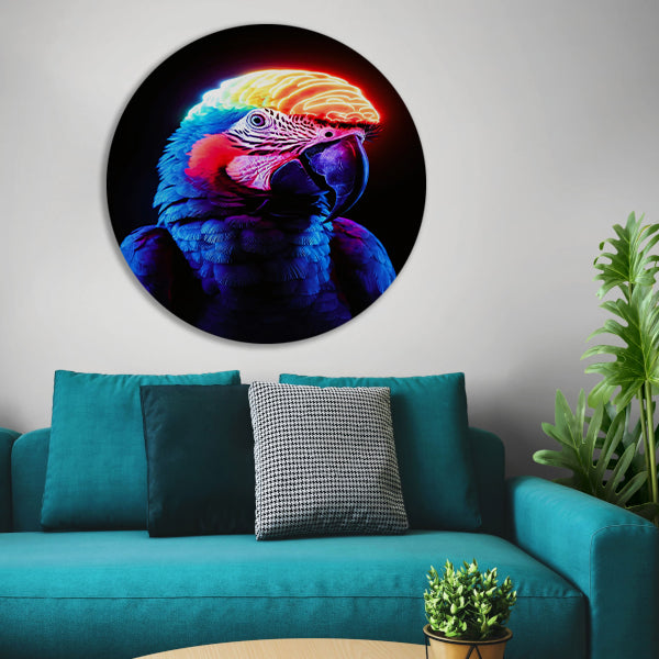 Kleurrijke papegaai met neon hersenen aluminium muurcirkel