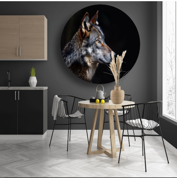 Intense Blik van een Wolf in Duisternis aluminium muurcirkel