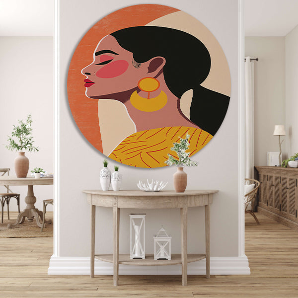 Modern vrouwelijk portret met kleurrijke oorbellen aluminium muurcirkel
