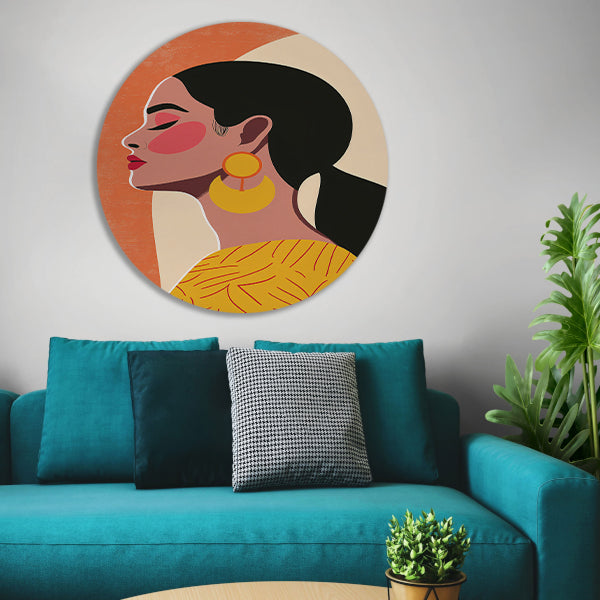 Modern vrouwelijk portret met kleurrijke oorbellen aluminium muurcirkel