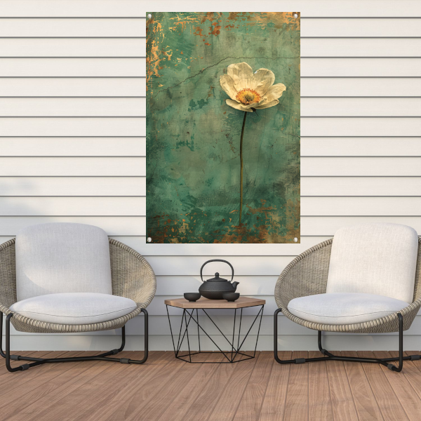Delicate witte bloem op verweerde achtergrond tuinposter