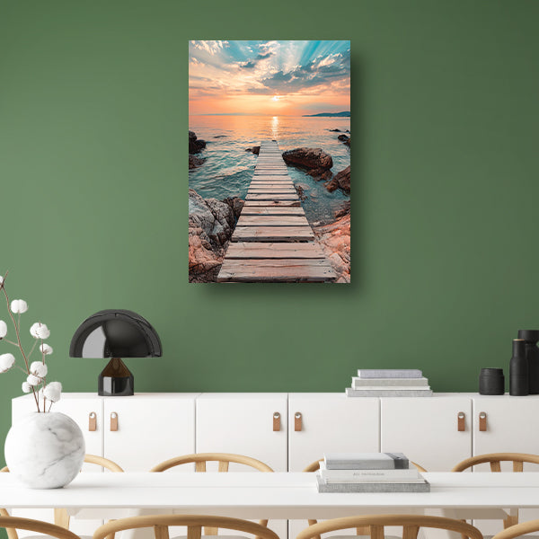 Rustieke houten steiger tijdens een kleurrijke zonsondergang poster