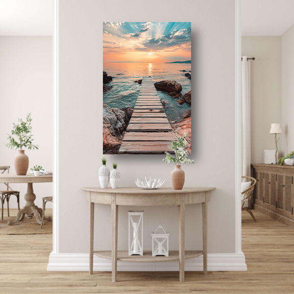 Rustieke houten steiger tijdens een kleurrijke zonsondergang poster