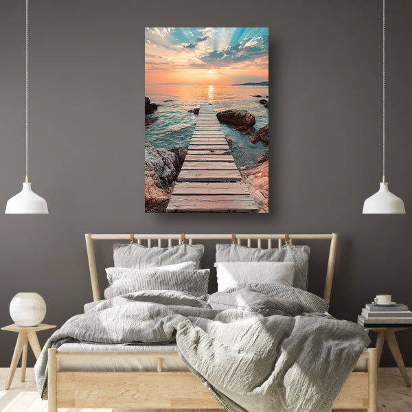 Rustieke houten steiger tijdens een kleurrijke zonsondergang poster