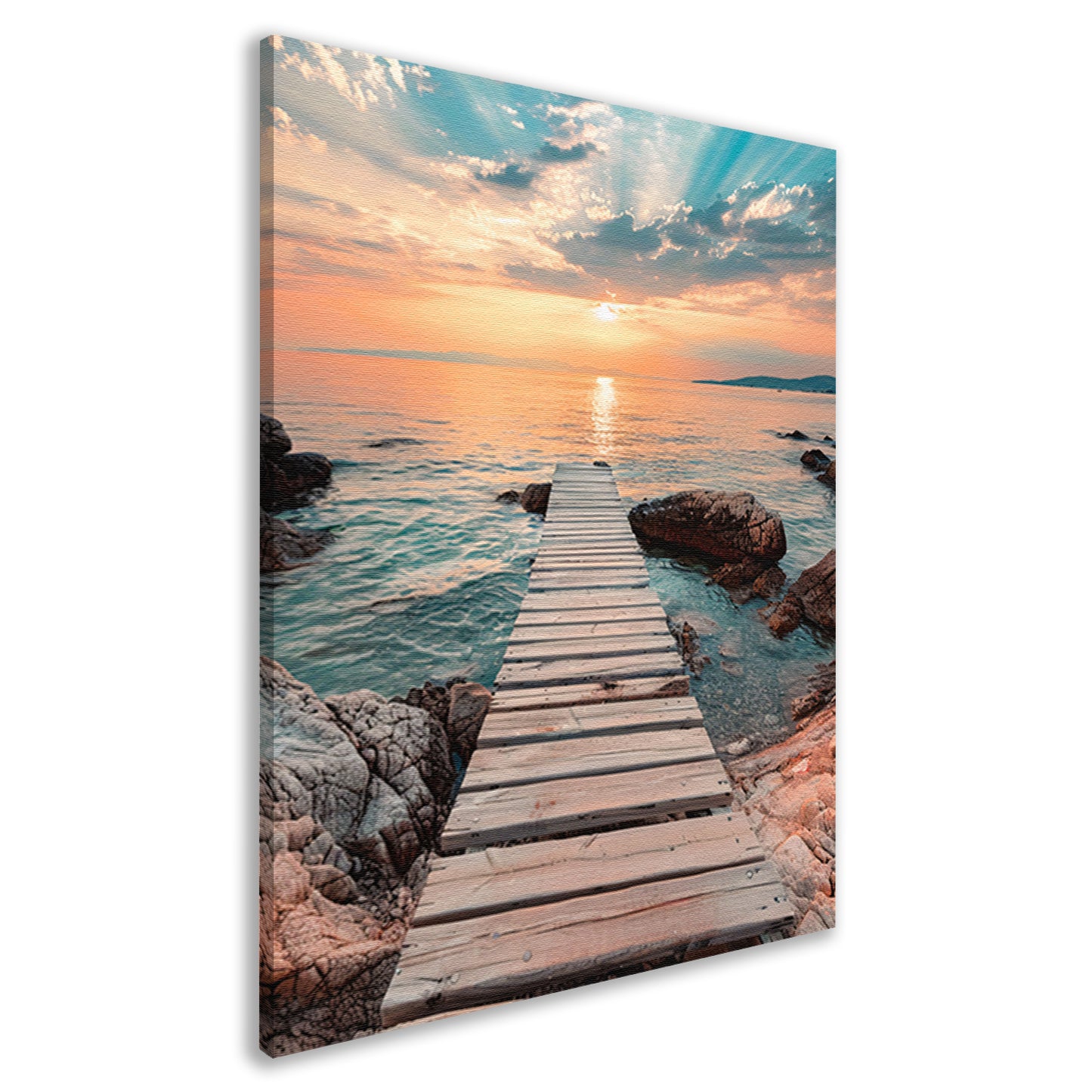 Rustieke houten steiger tijdens een kleurrijke zonsondergang canvas
