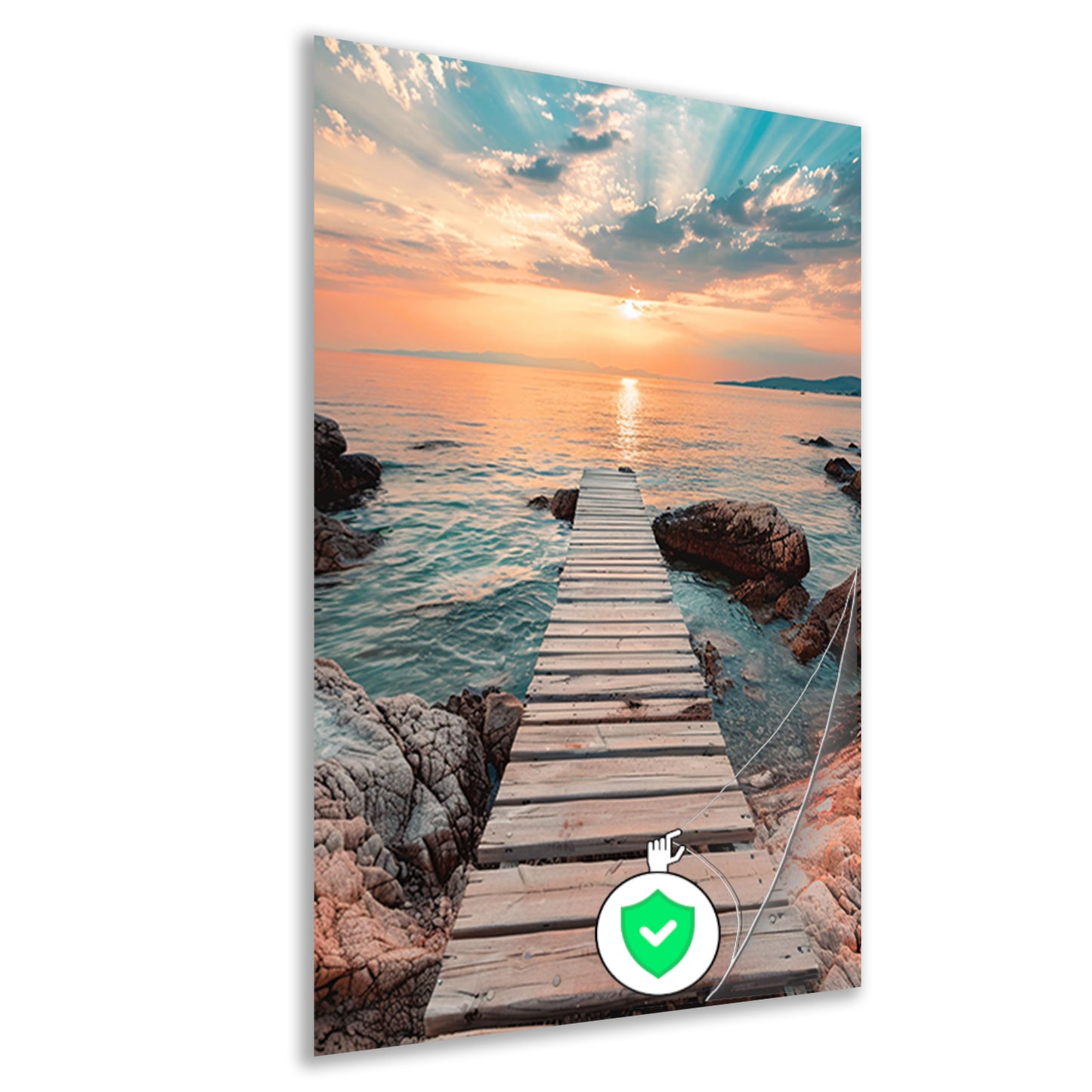 Rustieke houten steiger tijdens een kleurrijke zonsondergang poster