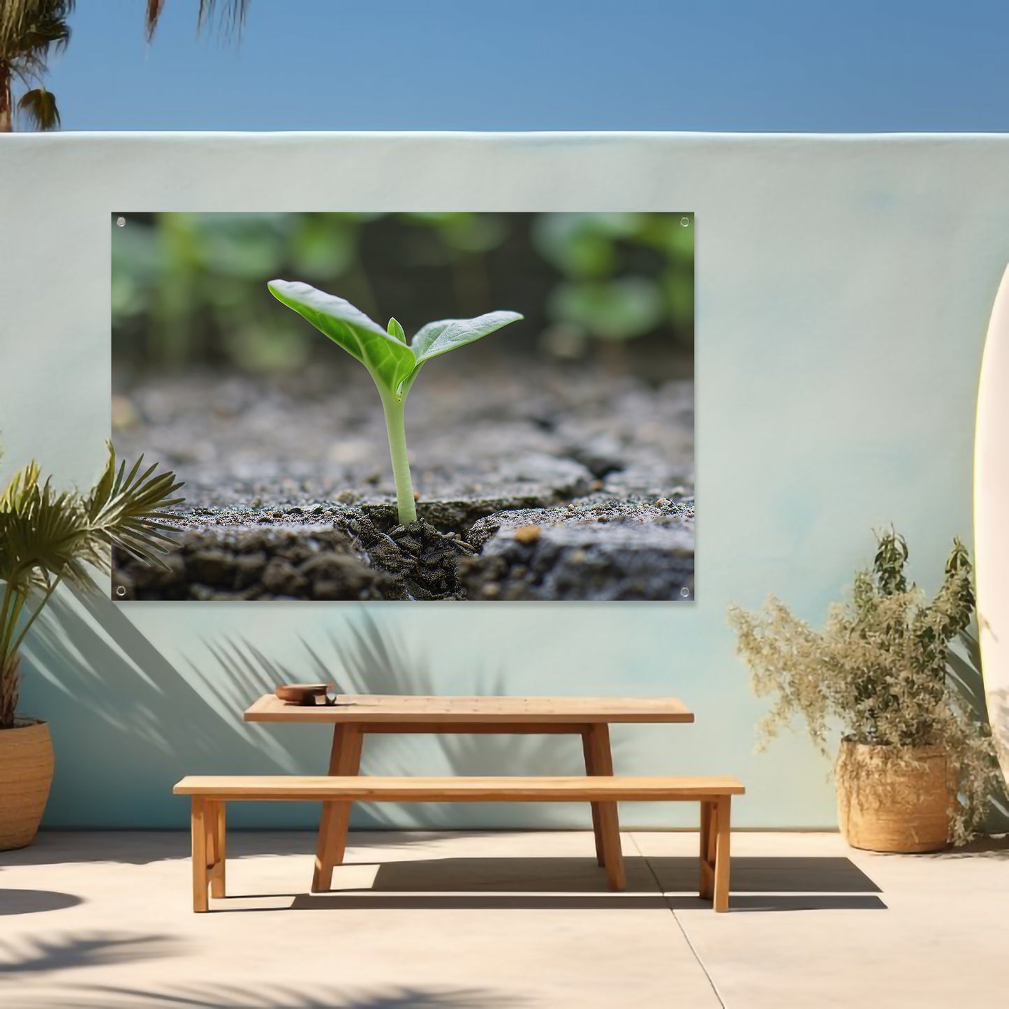 Spruit doorbreekt aarde in minimalistisch beeld tuinposter