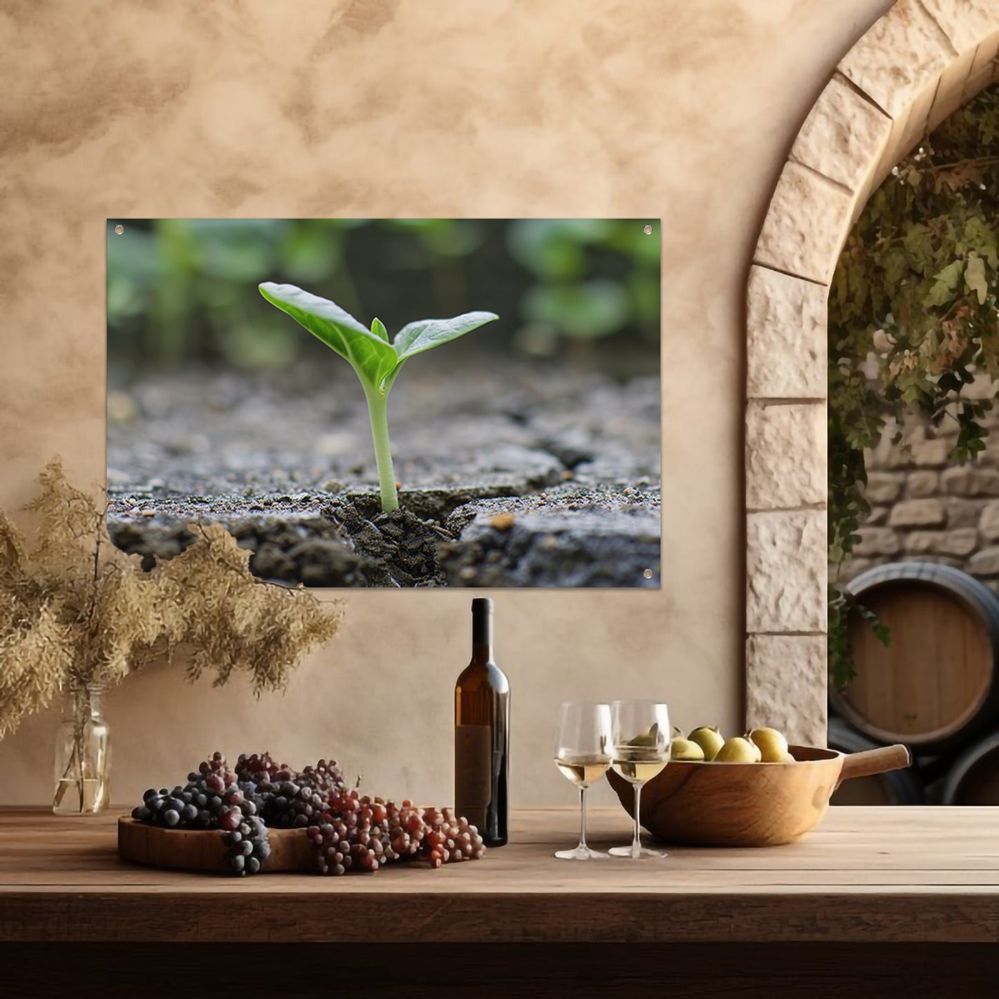 Spruit doorbreekt aarde in minimalistisch beeld tuinposter