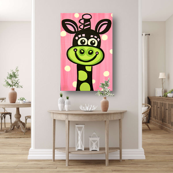 Kleurrijke vrolijke giraffe in popart-stijl canvas met baklijst