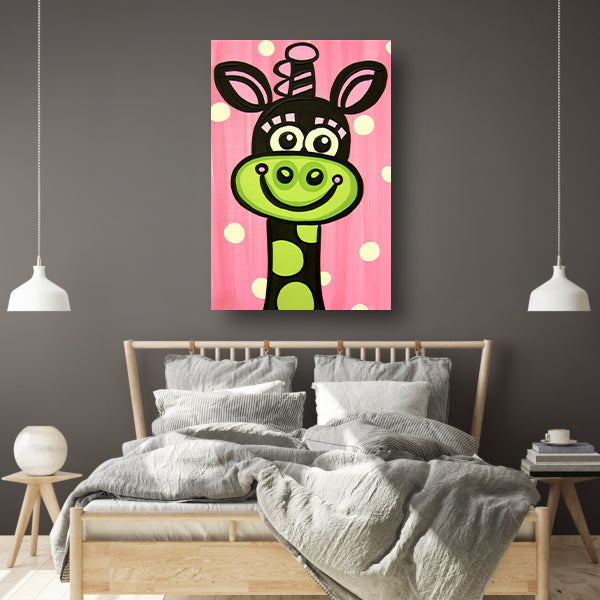 Kleurrijke vrolijke giraffe in popart-stijl canvas met baklijst