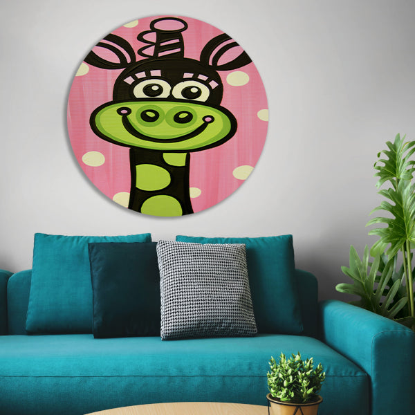 Kleurrijke vrolijke giraffe in popart-stijl aluminium muurcirkel