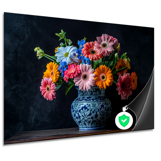 Elegant bloemenboeket in blauw-witte keramische vaas poster