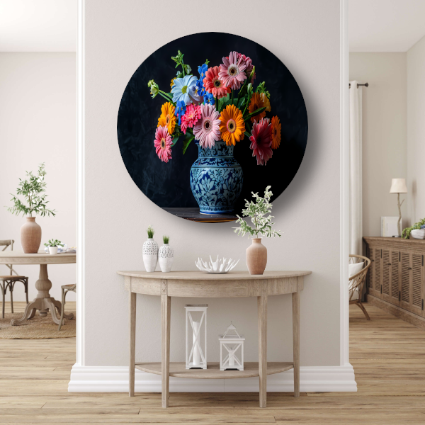 Elegant bloemenboeket in blauw-witte keramische vaas forex muurcirkel