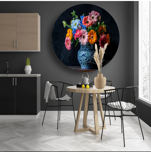 Elegant bloemenboeket in blauw-witte keramische vaas forex muurcirkel