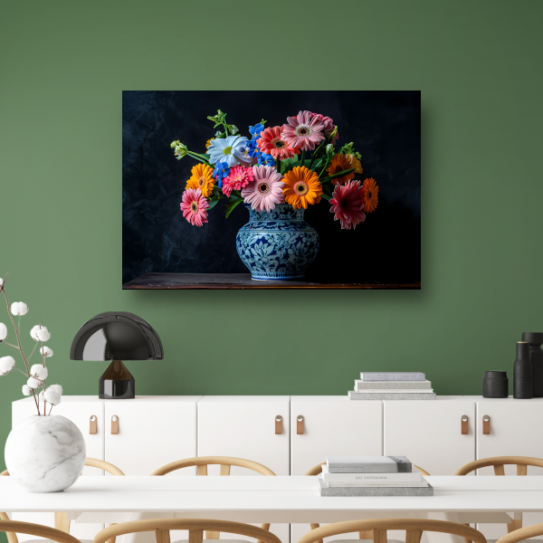 Elegant bloemenboeket in blauw-witte keramische vaas poster