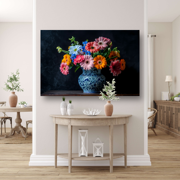 Elegant bloemenboeket in blauw-witte keramische vaas poster
