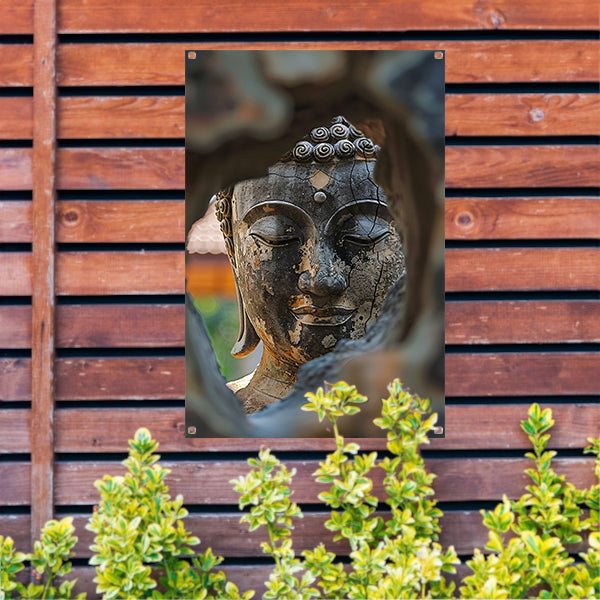 Boeddha door verweerd glas gezien tuinposter