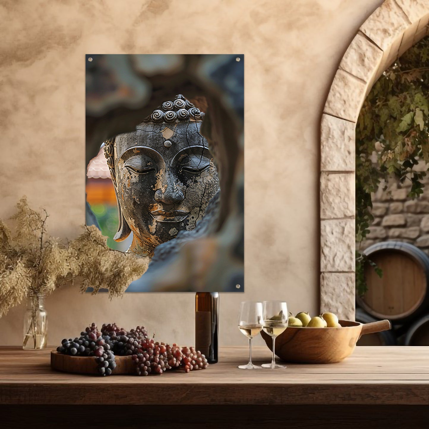 Boeddha door verweerd glas gezien tuinposter