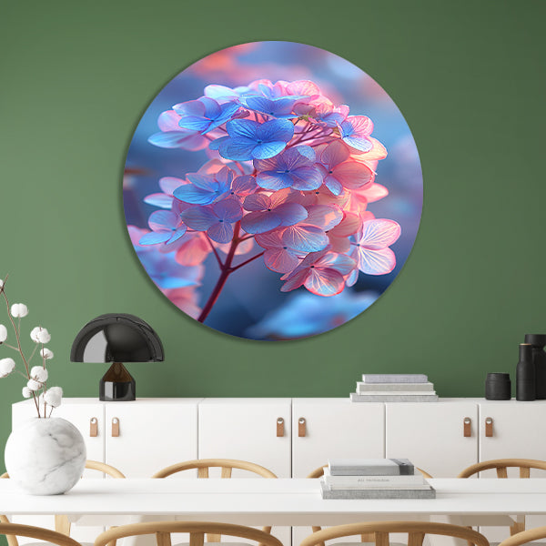 Close-up van een blauwe bloem met roze gloed aluminium muurcirkel