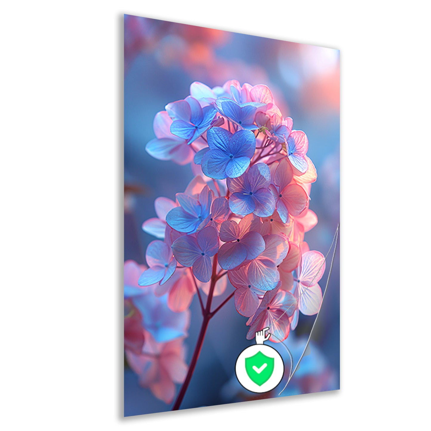 Close-up van een blauwe bloem met roze gloed poster