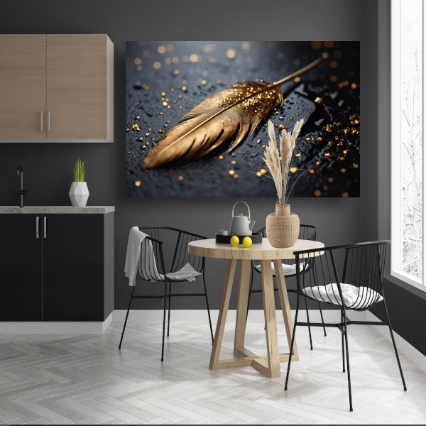 Glanzende Gouden Veer op Zwarte Ondergrond canvas met baklijst