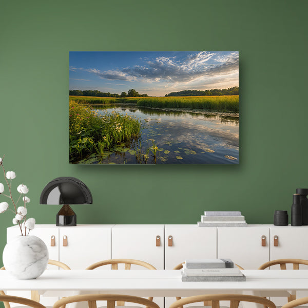 Schilderachtig zomerlandschap met bloemen en water canvas