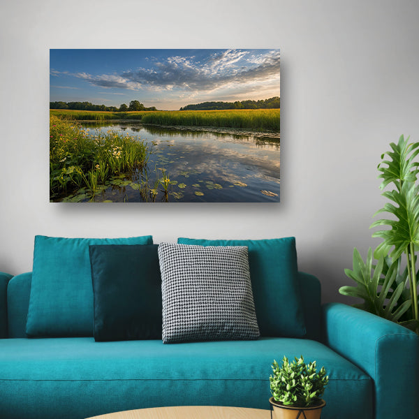 Schilderachtig zomerlandschap met bloemen en water canvas