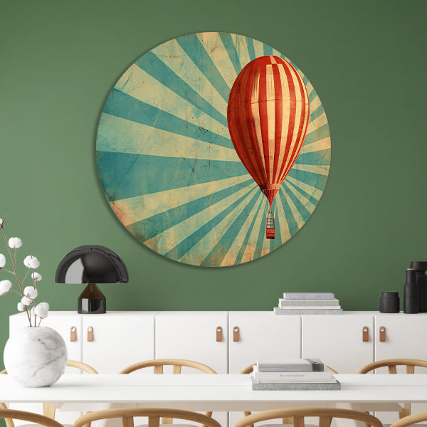 Vintage luchtballon met dynamische stralen aluminium muurcirkel