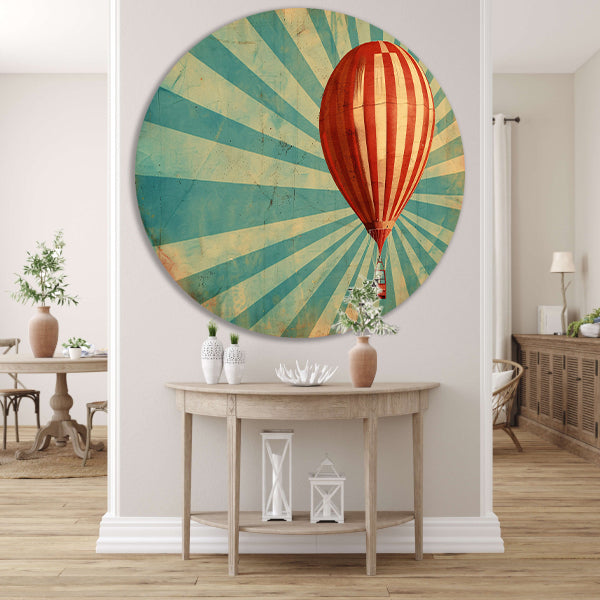 Vintage luchtballon met dynamische stralen aluminium muurcirkel