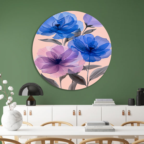 Kleurrijk abstract bloemen schilderij in blauw en paars aluminium muurcirkel