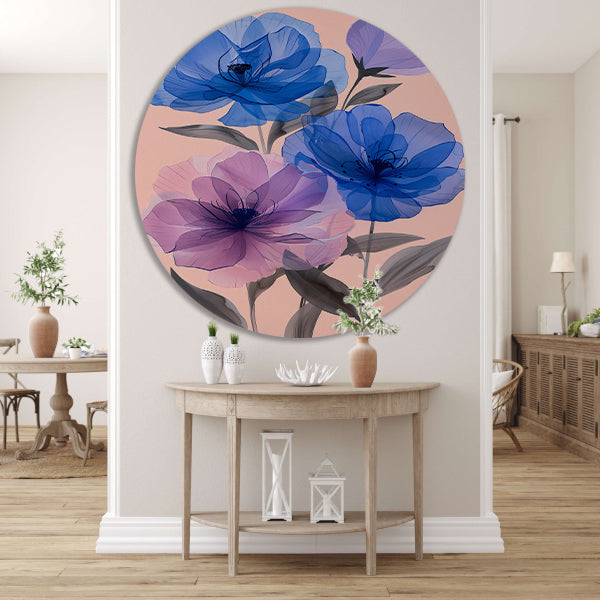 Kleurrijk abstract bloemen schilderij in blauw en paars aluminium muurcirkel