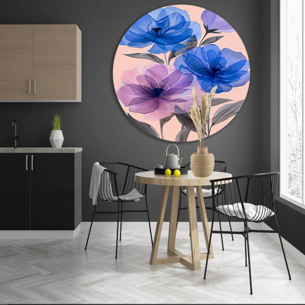 Kleurrijk abstract bloemen schilderij in blauw en paars aluminium muurcirkel