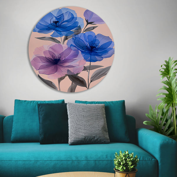 Kleurrijk abstract bloemen schilderij in blauw en paars aluminium muurcirkel