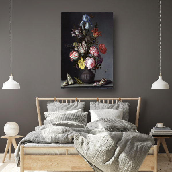 Bloemen in een vaas met schelpen en insecten - Balthasar van der Ast canvas