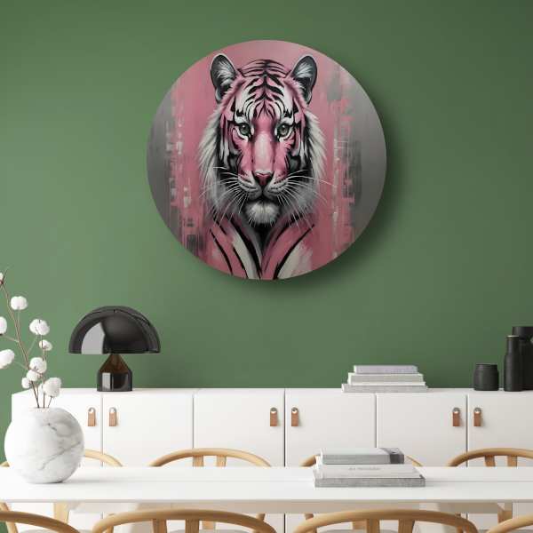 Abstracte Tijger in Roze en Zwart aluminium muurcirkel