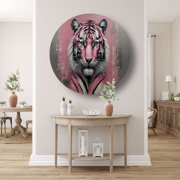 Abstracte Tijger in Roze en Zwart aluminium muurcirkel