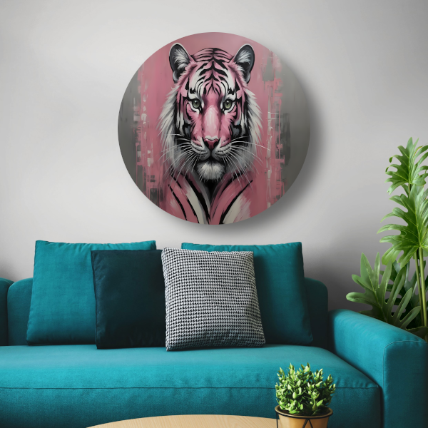 Abstracte Tijger in Roze en Zwart aluminium muurcirkel