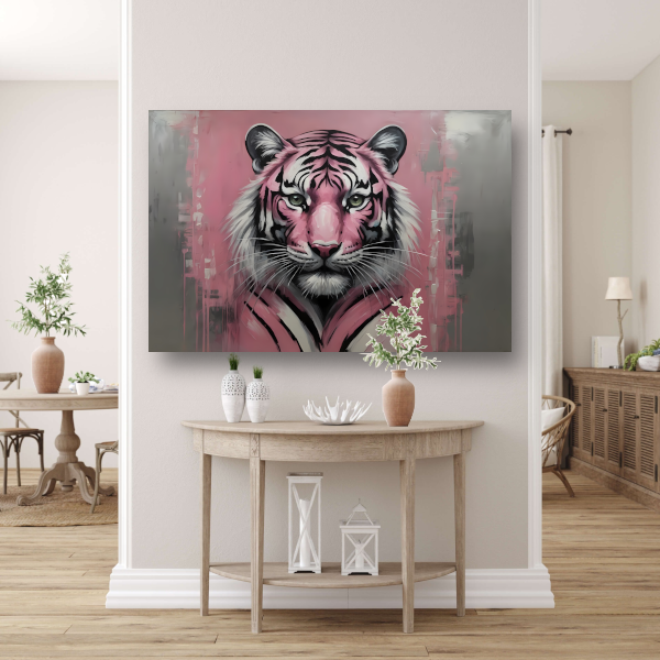 Abstracte Tijger in Roze en Zwart canvas met baklijst